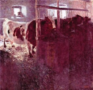 Cows in the Barn by Oil Painting Reproduction