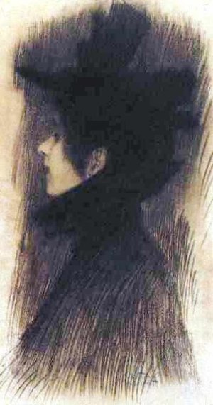 Girl with Hat and Cape in Profile by Gustav Klimt Oil Painting Reproduction