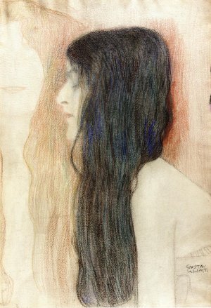 Main Product Photo of Girl with Long Hair, with a sketch for 'Nude Veritas Painting by Gustav Klimt