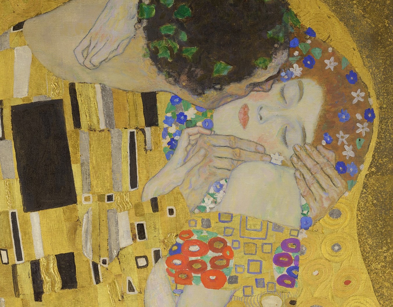 Detail of the faces and hands in Klimt's The Kiss, showing oil paint on skin