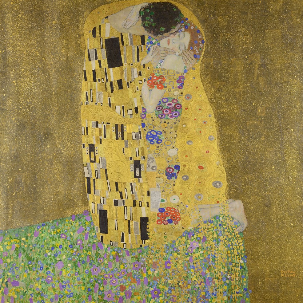 The Kiss by Gustav Klimt, 1908, oil and gold leaf on canvas, Belvedere Museum Vienna