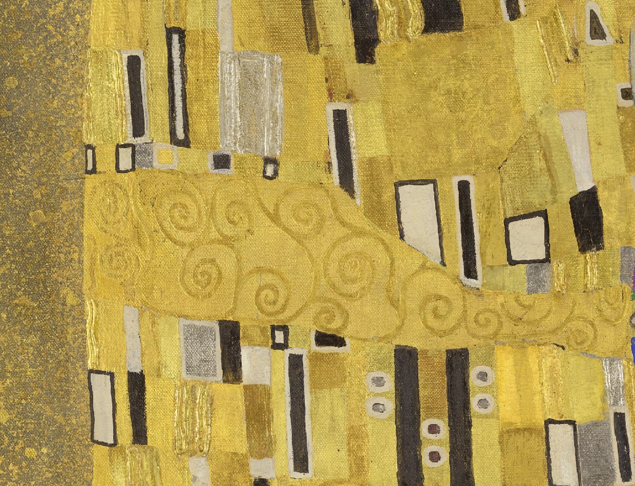 Detail of the gold leaf pattern in Klimt's The Kiss, showing rectangular panels and swirls
